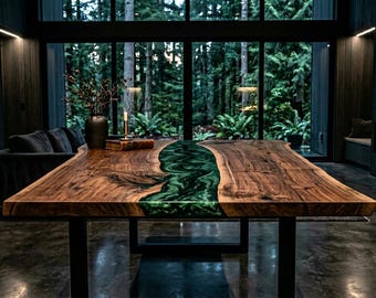 Custom Order USA Metallic Green Walnut Wood Epoxy Resin Table Dining Table Kitchen Wood Table Custom Epoxy River Table – Resin Modern Wood