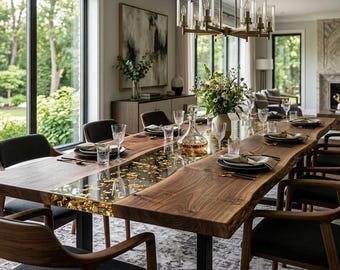 Luxury Epoxy Dining Table with Gold Leaf – Wood Epoxy Resin Table Custom Order Walnut Dining Table Kitchen Wood Table – Coffe Table