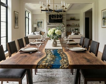 Blue Pebble Epoxy River Table – Ocean Inspired Resin Dining Table Custom Order Walnut Wood Epoxy Resin Kitchen Table