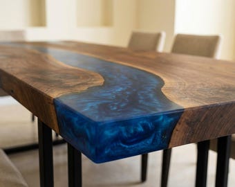 Dark Blue Resin Table Walnut Wood Dining Table Kitchen Wood Table Custom Epoxy River Table Resin Modern Wood Furniture