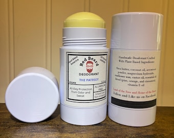 Desodorante USA Patriot, totalmente natural, vegano, sin aluminio ni bicarbonato de sodio, elaborado con aceites esenciales puros en pequeños lotes y sin fragancia.