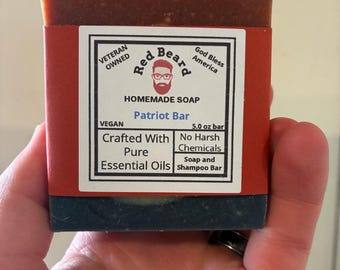 Celebrate America with Patriot Bar Cold Process Body Wash & Shampoo Bar Vegan Handmade All Natural with Pure Essential Oils Fragrance Free