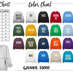 May include: A Gildan 18000 sweatshirt colour chart displaying twenty-five available fabric colours with printed labels. A size chart table lists dimensions from XS to 5XL in inches, alongside a diagram of a light grey sweatshirt with width and length lines.