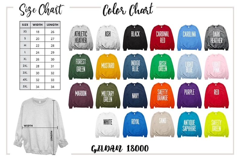 May include: A Gildan 18000 sweatshirt colour chart displaying twenty-five available fabric colours with printed labels. A size chart table lists dimensions from XS to 5XL in inches, alongside a diagram of a light grey sweatshirt with width and length lines.