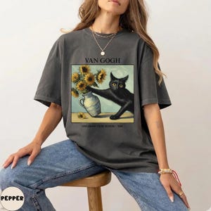 Van Gogh Cat Shirt: Vintage Art Tee, Sunflower Black Cat T-Shirt, Funny Painting Gift image 2