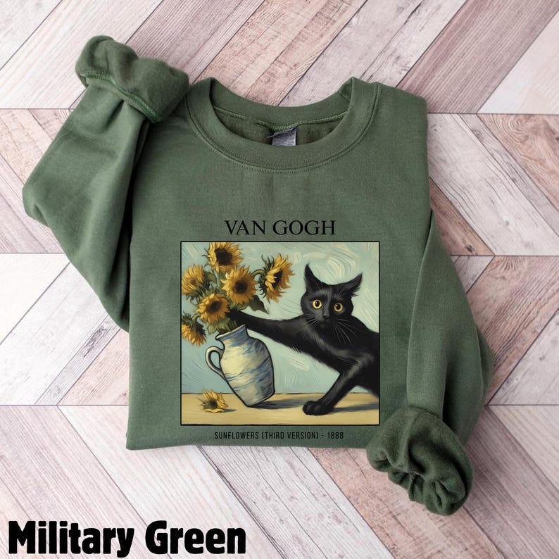 Van Gogh Cat Shirt: Vintage Art Tee, Sunflower Black Cat T-Shirt, Funny Painting Gift image 14