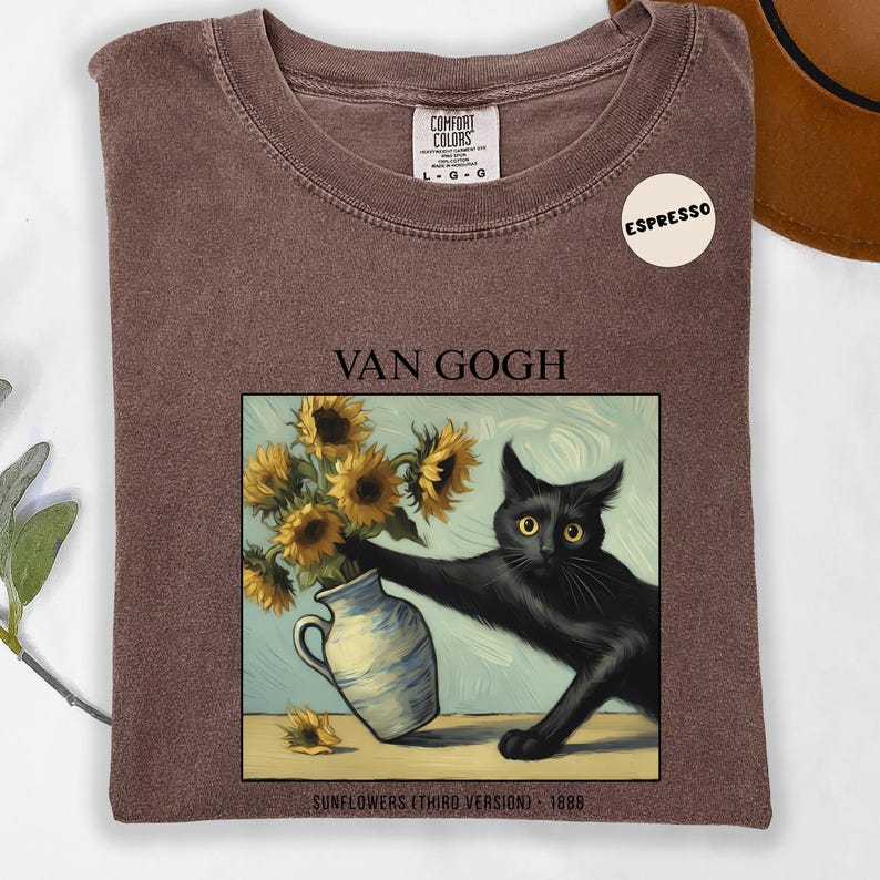 Van Gogh Cat Shirt: Vintage Art Tee, Sunflower Black Cat T-Shirt, Funny Painting Gift image 9