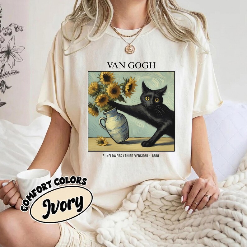 Van Gogh Cat Shirt: Vintage Art Tee, Sunflower Black Cat T-Shirt, Funny Painting Gift image 1