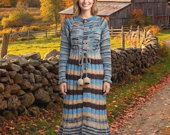 Custom Handmade Knitted Striped Midi Dress | Cozy Boho Chic Women's Apparel | Unique Winter Knitwear