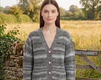 Chunky Knit Cardigan | Custom Grey and White Striped Sweater | Stylish Button Up Knitwear