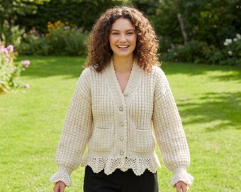 Chunky Knit Cream Cardigan with Scalloped Hem and Bell Sleeves | Hand-Knitted Button Up Sweater