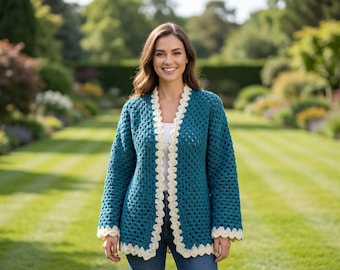 Teal Crochet Cardigan with Cream Scalloped Edge | Handmade Open Front Sweater | Cozy Knitwear Gift
