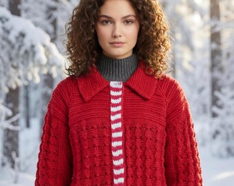Custom Hand-Knit Red Cardigan | Cozy Cable Knit Sweater with Collar and White Stripes