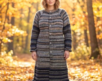 Chunky Knit Striped Long Cardigan | Custom Hand-Knitted Wool Coat | Cozy Autumn Winter Outerwear