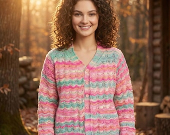 Custom Hand Knit Pink Cardigan for Women | Personalized Cozy Sweater | Button-Up Chunky Knitwear