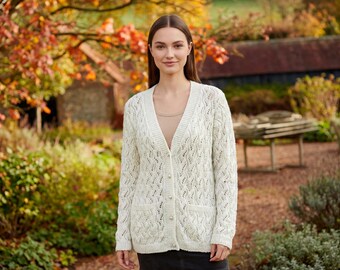 Handcrafted Cream Cable Knit Cardigan | V-Neck Button-Up Sweater with Pockets | Cozy Ecru Knitwear