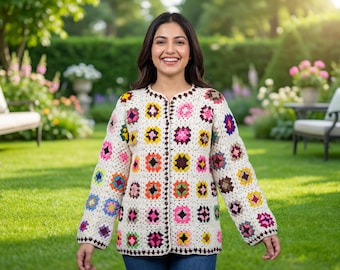 Custom Handmade Crochet Granny Square Cardigan | Colorful Patchwork Sweater | Unique Gift for Her