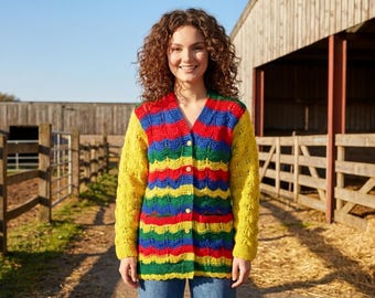 Custom Handmade Crochet Rainbow Cardigan | Bright and Colorful Wavy Stripe Sweater | Vintage Style Knitwear