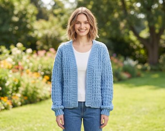 Custom Chunky Knit Blue Cardigan | Handmade Crochet Sweater | Cozy Light Blue Outerwear | Gifts