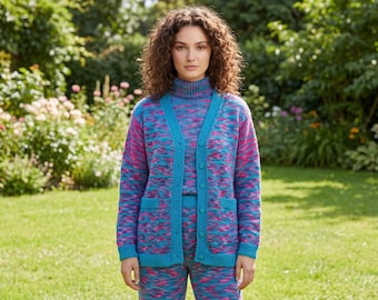 Vibrant Blue and Pink Knitted Cardigan Custom Set | Unique Hand-Knit Sweater and Trousers