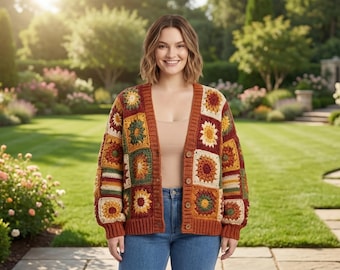 Chunky Crochet Granny Square Cardigan Sweater | Custom Autumn Floral Knit Jacket | Handmade Festival Outerwear