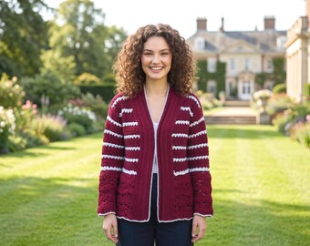Custom Chunky Crochet White Striped Cardigan | Hand-Knitted Open Front Sweater | Cozy Autumn Apparel