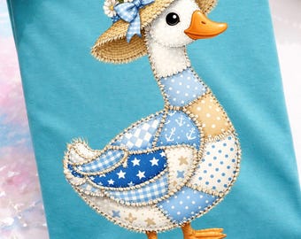 Trendy Goose PNG, Faux Patchwork Goose PNG,Coquette Goose Design,Blue Patchwork Bow Goose, Women’s Boutique Shirt Graphic,Cute Farmhouse PNG