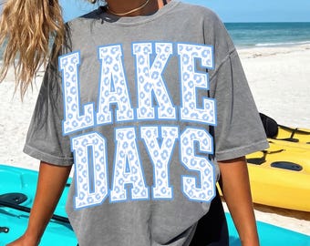 Lake Days PNG, Preppy Summer Shirt Design, Coastal Cowgirl Aesthetic, Blue Floral Varsity Letters, Beach Lake Vacation Graphic PNG