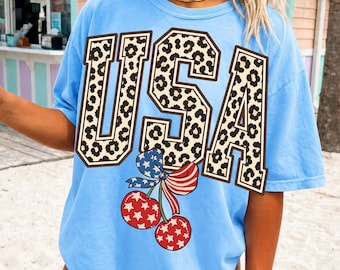 USA Cherry PNG, Patriotic Coquette PNG, Leopard usa Shirt Design, July 4th png, Trendy Boutique America png Download