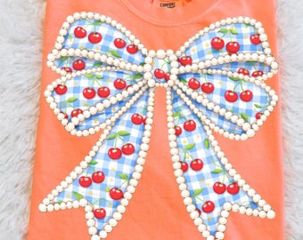 Bow Shirt Design PNG | Cherry Bow PNG Womens Summer Girly Graphic Tee | Trendy Bright Coquette Sublimation Download