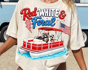 Red White & Feral PNG, Patriotic Raccoon Boat PNG, Funny 4th Of July Shirt Design, Lake Life Summer PNG, America Boat Graphic, dtf Download