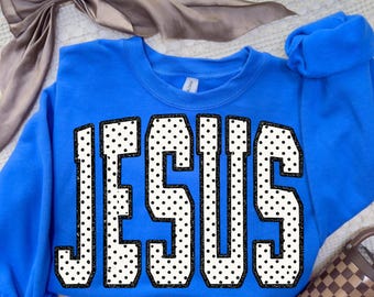 Girly Jesus Shirt Design PNG, Polka Dot Christian Varsity Letters, Boutique Faith Graphic Digital Download