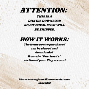 Puede incluir: Aviso de descarga digital con el texto "ATTENTION: THIS IS A DIGITAL DOWNLOAD NO PHYSICAL ITEM WILL BE SHIPPED." La imagen tambi&eacute;n incluye instrucciones sobre c&oacute;mo descargar los art&iacute;culos comprados.