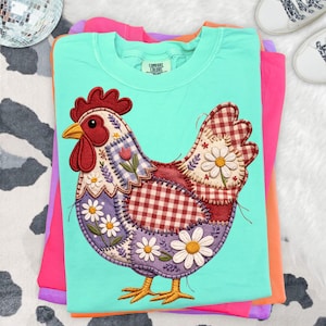 Patchwork Chicken PNG, Vintage Farmhouse Hen Shirt Design, Faux Embroidery Floral Farm Graphic, Sublimation Digital Download