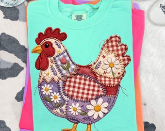 Patchwork Chicken PNG, Vintage Farmhouse Hen Shirt Design, Faux Embroidery Floral Farm Graphic, Sublimation Digital Download