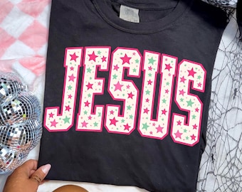 Varsity Jesus PNG, Christian Collegiate Letter Design, Faith Shirt Graphic File, Pink Star Boutique Sublimation, DTF Transfer PNG