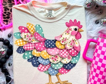 Trendy Women’s Chicken PNG | Patchwork Floral Hen Shirt Design | Boutique Farmhouse Coquette Country Girl Sublimation Download