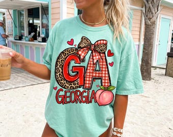 Georgia PNG, GA Shirt Design, Peach State PNG, Cute Georgia Shirt png, Southern Boutique Shirt Design, Leopard Bow Georgia png