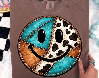 Western Smiley Face PNG, Cow Print Smiley PNG, Turquoise Western Shirt Design, Retro Smiley Face PNG, Boutique Western png, Cowgirl png