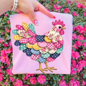 Trendy Women’s Chicken PNG | Patchwork Floral Hen Shirt Design | Boutique Farmhouse Coquette Country Girl Sublimation Download image 2