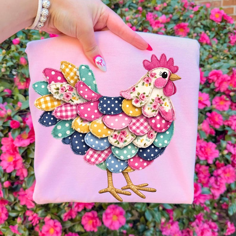 Trendy Women’s Chicken PNG | Patchwork Floral Hen Shirt Design | Boutique Farmhouse Coquette Country Girl Sublimation Download image 2