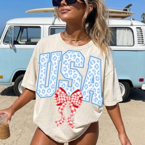USA Bow PNG, Patriotic Coquette Shirt Design, Red White Blue Summer Graphic Tee, Girly America PNG, 4th of July Shirt Design image 2