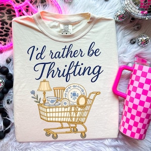 I’d Rather Be Thrifting PNG, thrift aesthetic shirt design, blue and gold vintage decor cart, retro thrifting graphic,boutique style digital image 1