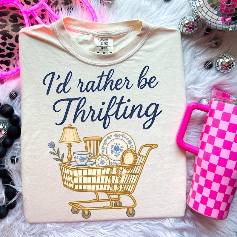 I’d Rather Be Thrifting PNG, thrift aesthetic shirt design, blue and gold vintage decor cart, retro thrifting graphic,boutique style digital image 1