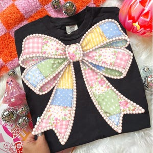 Coquette Patchwork Bow PNG, Trendy Pearl Outline Bow Digital Download, Pastel Spring Bow Shirt Design, Girly Boutique Sublimation PNG image 1