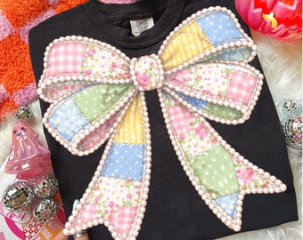 Coquette Patchwork Bow PNG, Trendy Pearl Outline Bow Digital Download, Pastel Spring Bow Shirt Design, Girly Boutique Sublimation PNG