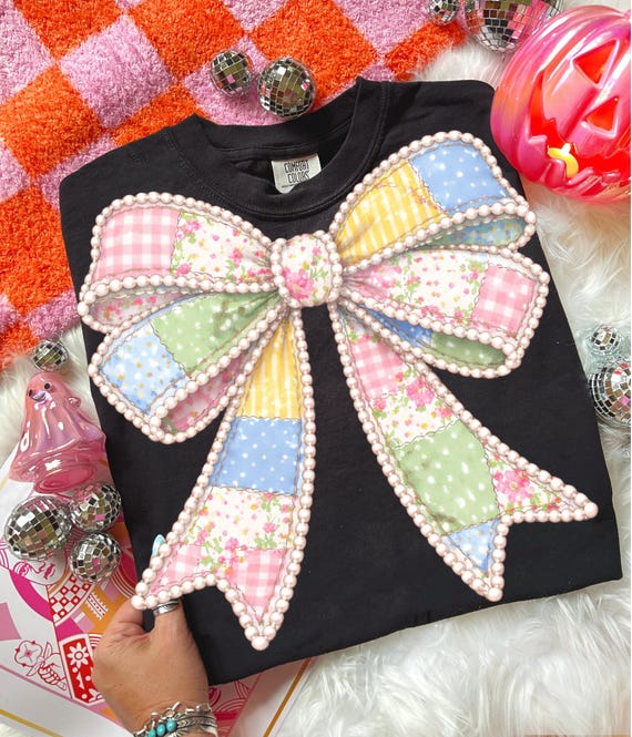 Coquette Patchwork Bow PNG, Trendy Pearl Outline Bow Digital Download, Pastel Spring Bow Shirt Design, Girly Boutique Sublimation PNG