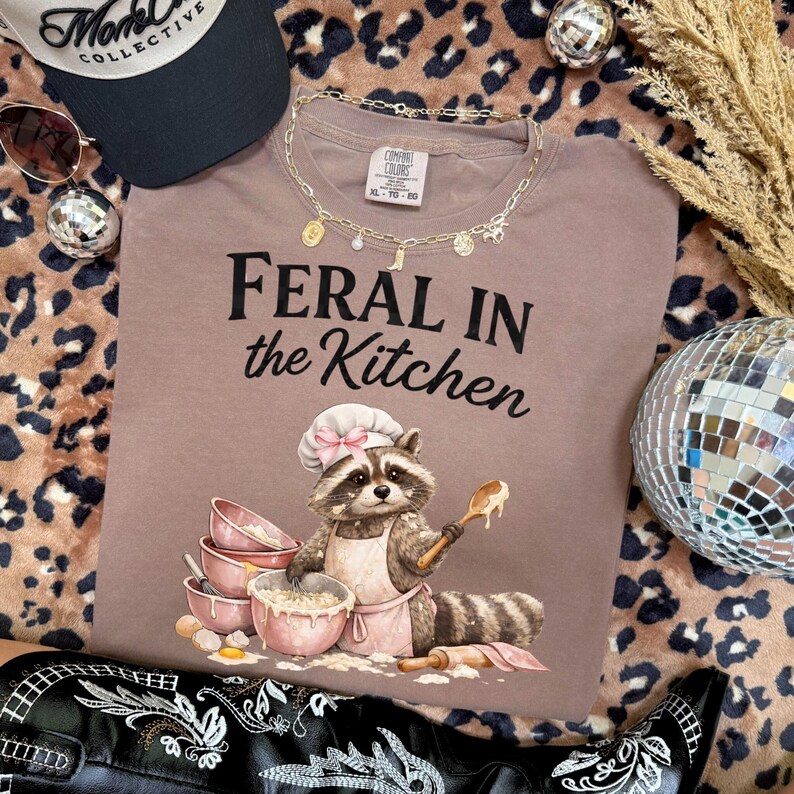 Feral in the Kitchen PNG , Funny Cooking Shirt Design , Cute Raccoon Baker PNG ,Trendy Kitchen Quote Digital Download , Raccoon PNG image 2