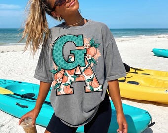Georgia Peach PNG, GA State Letter Shirt Design, Southern Peach Graphic, Teal Leopard Monogram Sublimation Digital Download