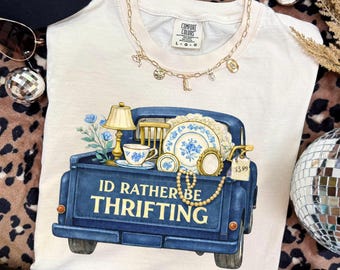 Prefiero comprar en tiendas de segunda mano, diseño de lazo azul vintage de porcelana, gráfico de camiseta de sublimación con estética de segunda mano, descarga digital